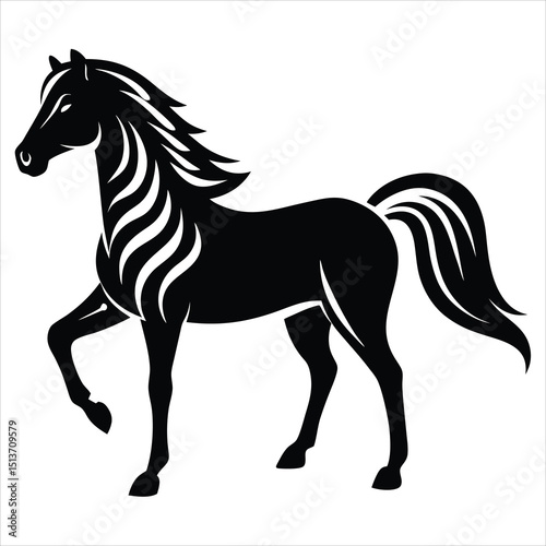 Drawing the silhouette of running horse, Black horse running gallop isolated on transparent background