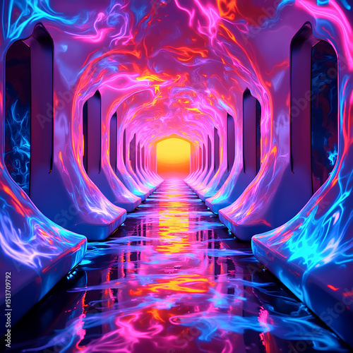 Futuristic architectural space with vibrant neon colors, geometric structures, and a lone figure walking toward the light, evoking imagination, innovation, and surreal beauty.