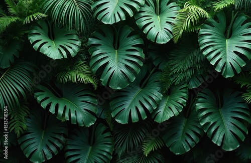 Dark green tropical leaves background. Monstera palm coconut leaf fern palm leaf bananaleaf foliage. Fresh nature eco concept for design. Dense arrangement of leaves creates refreshing atmosphere.