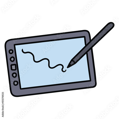 Hand drawn cartoon graphic tablet with pen on white background.