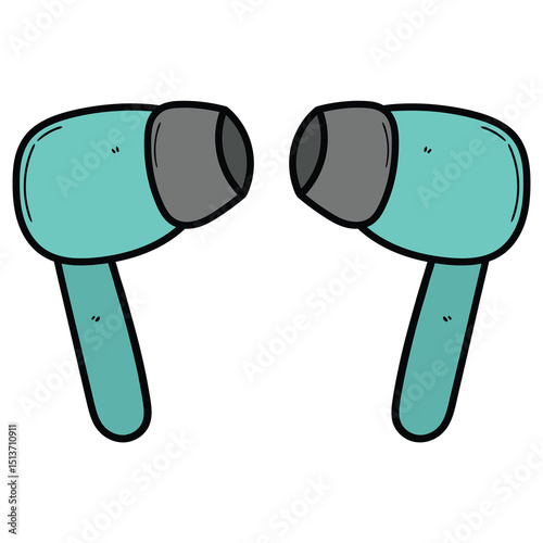 Hand drawn cartoon pair of wireless earphones on white background.