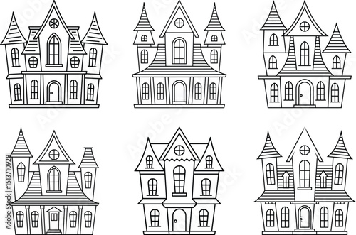 Haunted House Line Art Vector Collection – Spooky Halloween Buildings Illustration