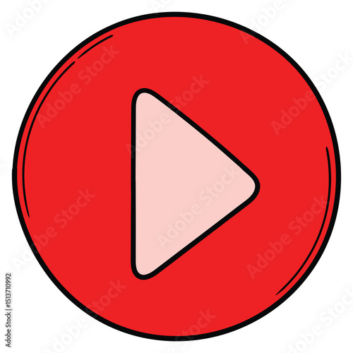 Hand drawn cartoon red play button on white background.