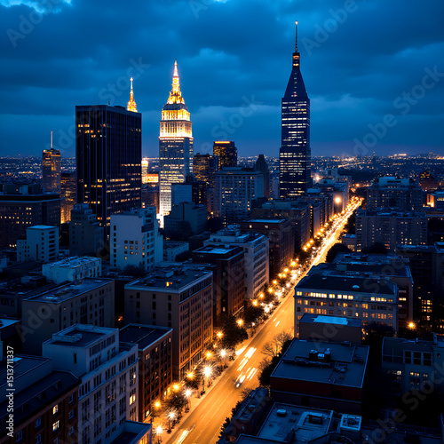 Stunning city skyline at night with illuminated skyscrapers and busy streets. Aerial view of modern urban landscape with glowing lights and vibrant city life.