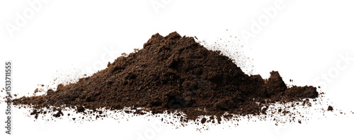 A mound of dark brown soil against a black background with scattered pixelated edges and soft shadows