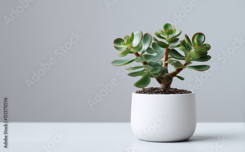 A photograph of a small, white, potted indoor houseplant, a jade plant, on a solid background