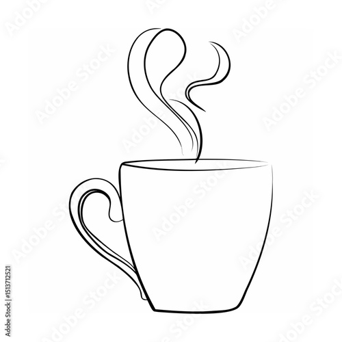 Simple black and white line art illustration of a steaming coffee mug silhouette