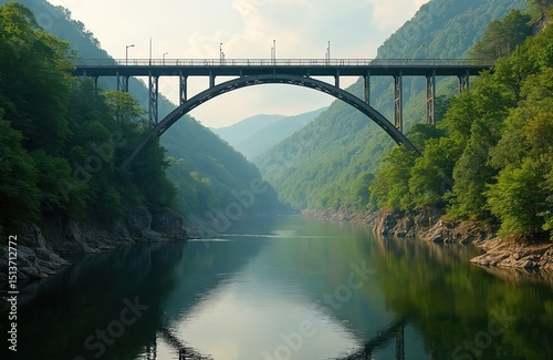 New River Gorge Bridge West Virginia. Scenic shot over water with forest-covered mountains. Famous arch bridge transports cars, trucks. American landmark, engineering. Green landscape, nature. Travel photo