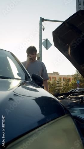 Man is standing next to car, hood is open, and he is talking on phone as he gestures towards engine. It seems that there is mechanical problem or breakdown.