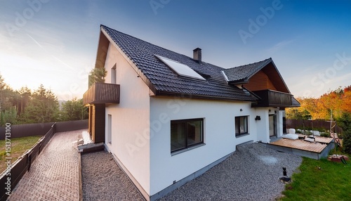 modern house dark tiled roof exterior view of new residential building with windows skylight white facade home roof repair construction real estate property