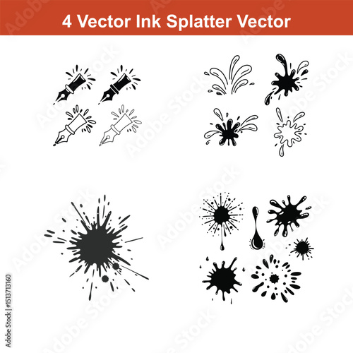 Ink Splatter Vector Illustration Set, perfect for grunge designs, backgrounds,Set of spray paint design elements. Black and white isolated vector image of grunge.