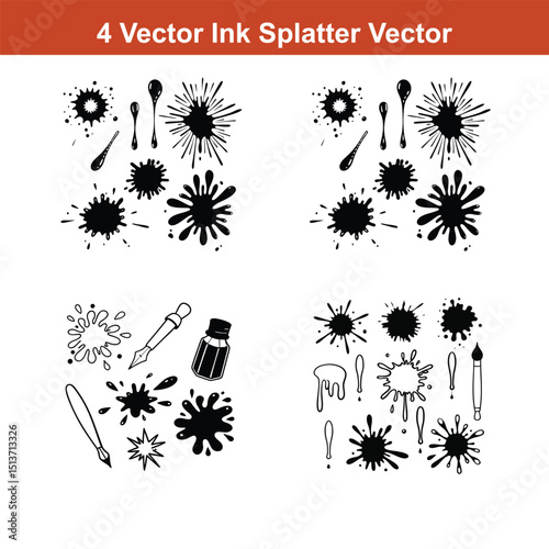 Ink Splatter Vector Illustration Set, perfect for grunge designs, backgrounds,Set of spray paint design elements. Black and white isolated vector image of grunge.