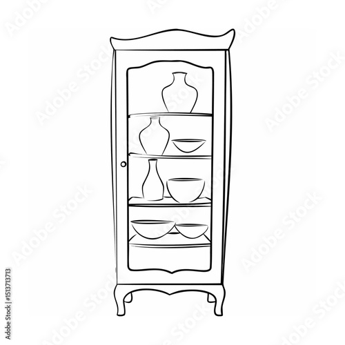 Elegant outline illustration of a china cabinet displaying decorative vases and bowls