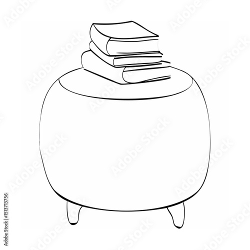 Minimalist line drawing of a modern ottoman with stacked books on top for interior design