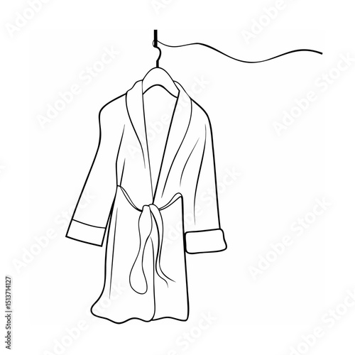 Elegant black and white line drawing of a cozy bathrobe hanging on a clothes hanger