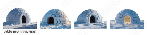 A captivating sequence unfolds, showcasing the architectural ingenuity of traditional igloos set against a wintry expanse of pure white snow, isolated on transparent background, cut out, png