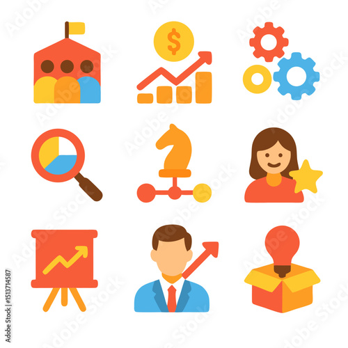 icon set corporate culture, financial growth, teamwork synergy, market analysis, business strategy, customer satisfaction, sales performance, leadership development, product innovation,