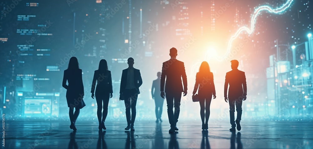 Obraz premium Group of business people walking towards digital background. Illustration of technology startup growth, AI, tech innovation. Teamwork, data code, future development, success.