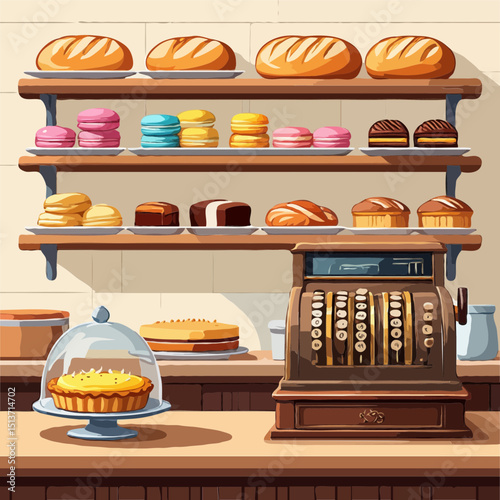 Vintage bakery shop with bread cakes and pastries