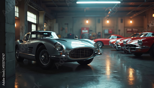 Silver vintage car in classic car enthusiast garage. Red retro sport cars parked. Collection of vehicles, chrome details. Automobile history, vehicle design. Dream tuning, auto speed, road.