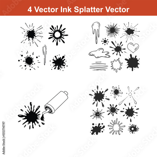 Ink Splatter Vector Illustration Set, perfect for grunge designs, backgrounds,Set of spray paint design elements. Black and white isolated vector image of grunge.
