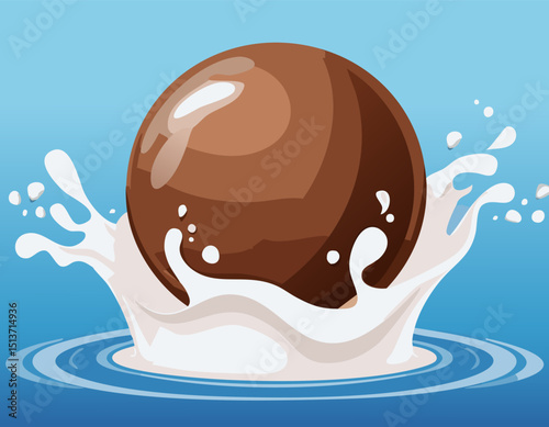 Smooth chocolate ball falling into milk with splash effect. Creative and clean flat design with cartoon-like details and light shadows on a fresh background.