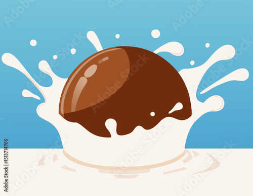 Milk splashes around a chocolate ball in a modern flat style. Blue gradient backdrop and light tones give a fresh, sweet, and fun feel with free space.