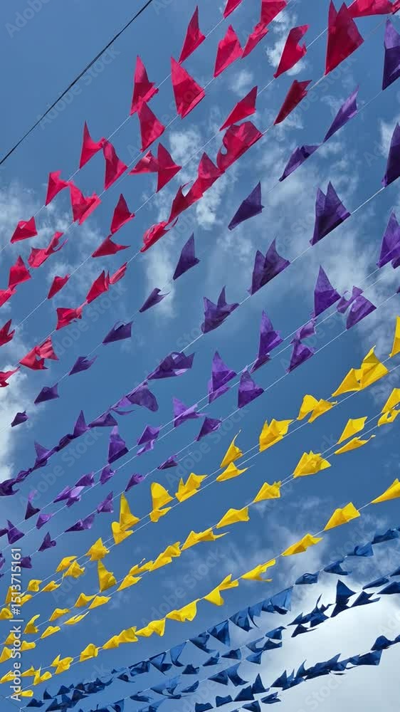 Vários varais de barbante com bandeirolas coloridas penduradas balançando ao vento, com o céu ao fundo. Decoração de festa junina.