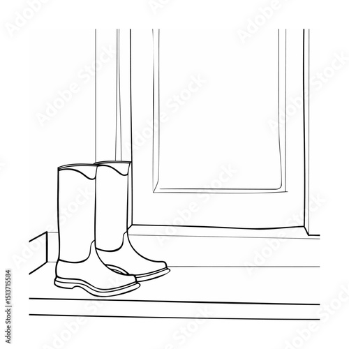 Simple black and white illustration of rubber boots leaning against a door frame