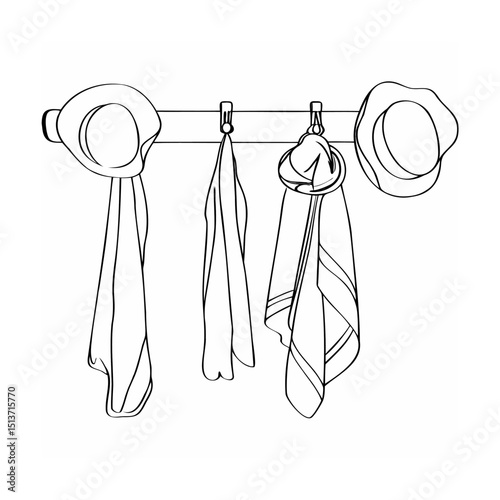 Simple linear illustration of hats and scarves hanging from a wooden rail