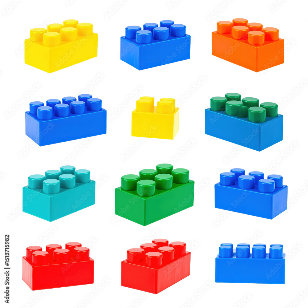 Obraz premium Assorted colorful plastic building blocks arranged in rows with bright yellow, blue, orange, green, red, and cyan pieces on a plain background