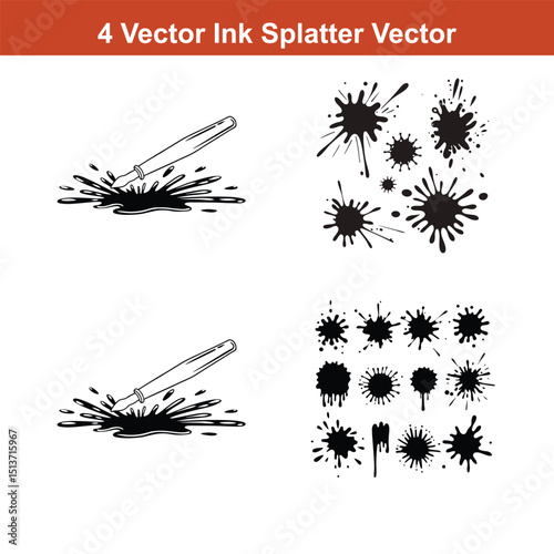 Ink Splatter Vector Illustration Set, perfect for grunge designs, backgrounds,Set of spray paint design elements. Black and white isolated vector image of grunge.