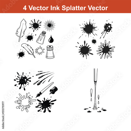 Ink Splatter Vector Illustration Set, perfect for grunge designs, backgrounds,Set of spray paint design elements. Black and white isolated vector image of grunge.