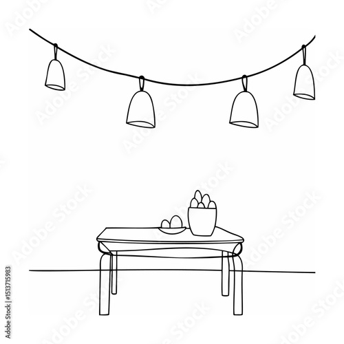 Simple interior scene with table eggs and hanging lights monochrome illustration