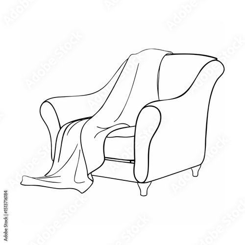 Black and white illustration of a comfortable armchair with a cozy draped blanket