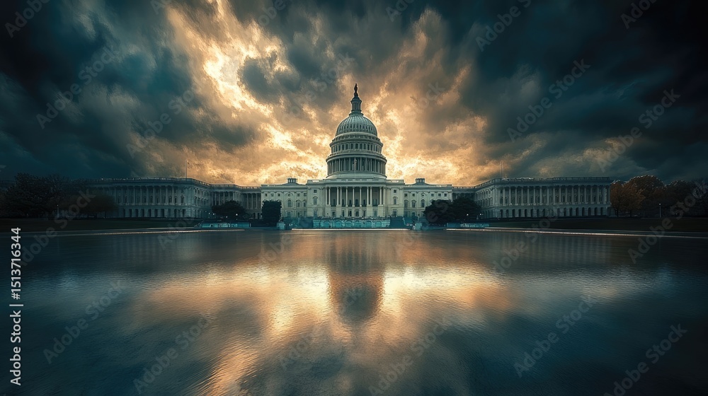 Obraz premium Majestic capitol building reflected in a tranquil pond at sunrise.