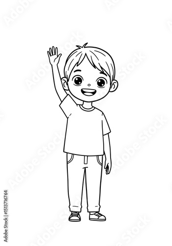 Boy waving hello – greeting etiquette coloring page for kids