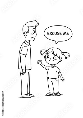 Polite girl saying “Excuse me” – etiquette coloring page for kids