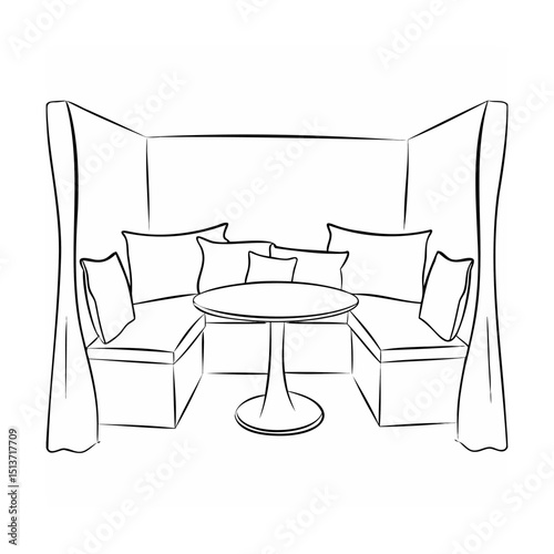 Elegant interior illustration depicting a comfortable u-shaped booth with pillows and a round table