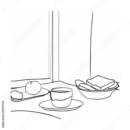 Simple black and white breakfast arrangement featuring coffee toast and fruit by window