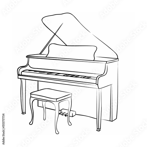 Elegant illustration of a grand piano with bench in classic black and white outline