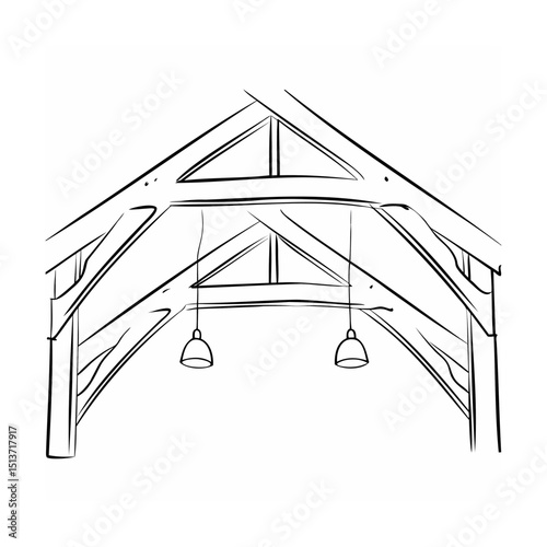 Architectural hand drawn illustration of wooden structure with pendant lighting fixtures