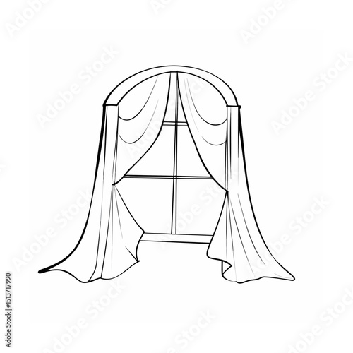 Elegant arched window outline illustration with flowing curtains perfect for various design projects