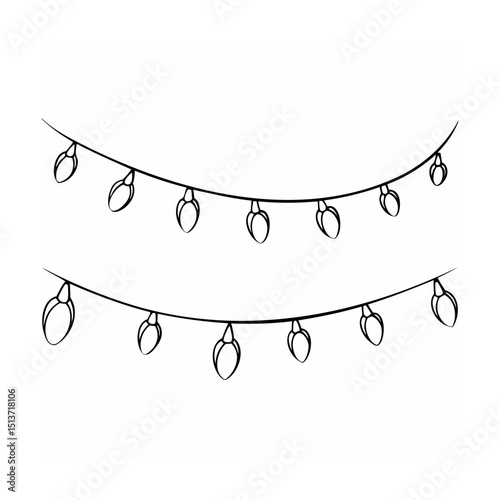 Festive black and white illustration of christmas lights hanging on a white background