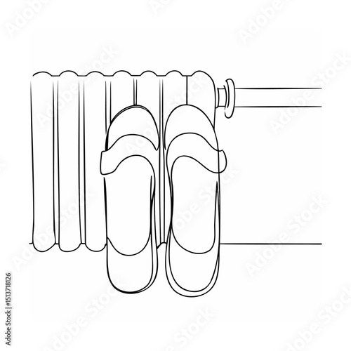 Black and white line art illustration of a radiator with slippers drying on the bars
