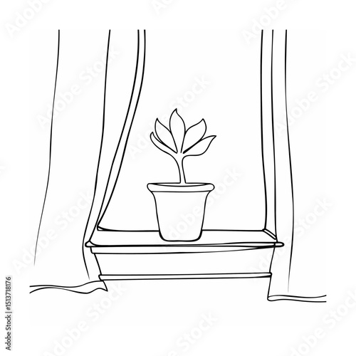 Simple line art of a houseplant in a pot on a windowsill with curtains