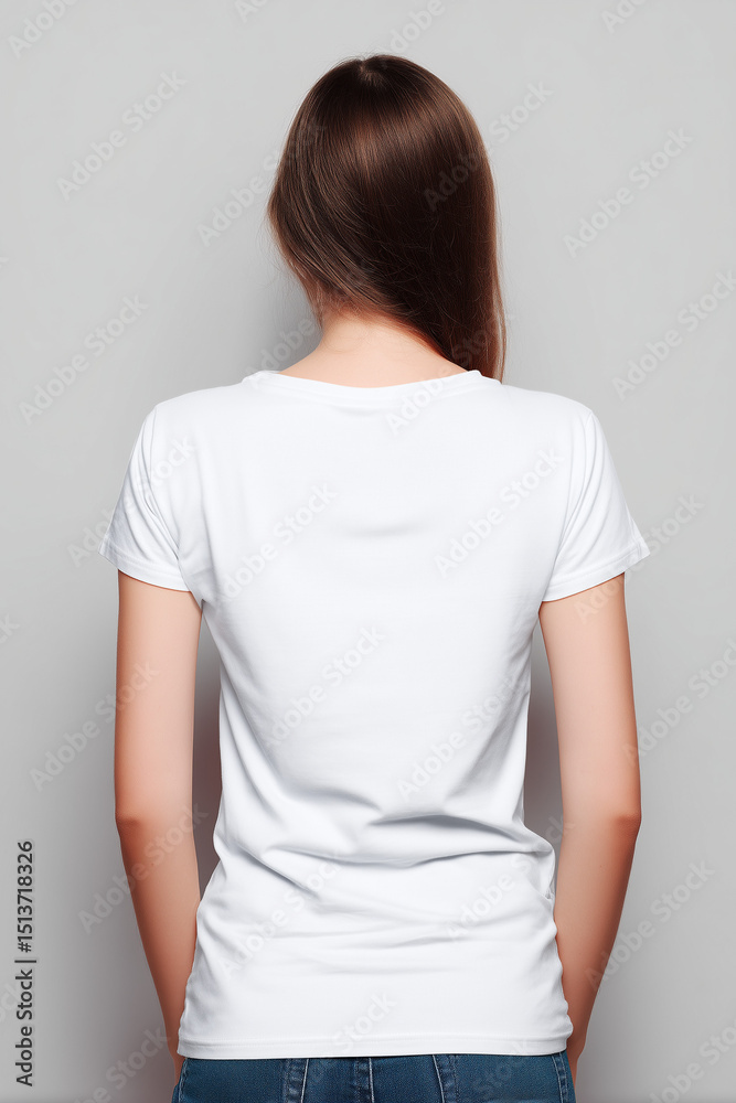 Plain T-Shirt: A simple photo, of a woman standing with her back to the camera. Displaying the back of a person wearing plain white tee shirt, perfect for showcasing apparel or graphic designs. Plain T-Shirt: A simple photo, of a woman standing with her back to the camera. Displaying the back of a person wearing plain white tee shirt, perfect for showcasing apparel or graphic designs.