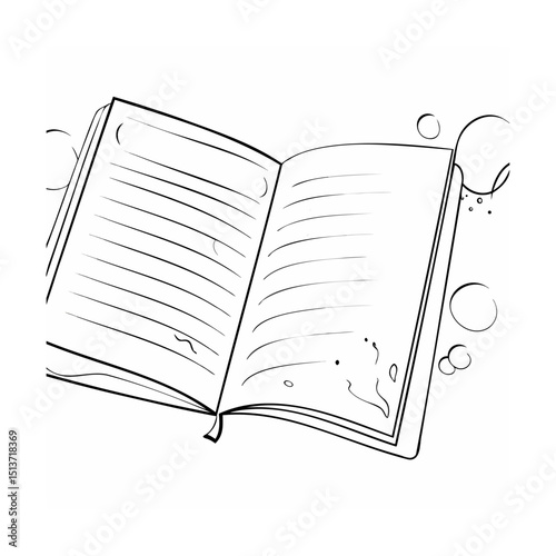 Simple black and white line drawing of an open book with blank pages for text