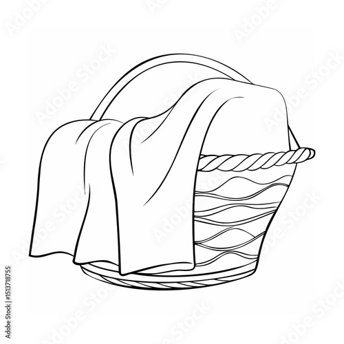 Outline drawing of a woven basket with a folded cloth for coloring pages