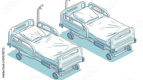 Two isometric hospital beds with rounded edges, featuring wheels, depicted in clean line art style, ideal for medical or healthcare design use